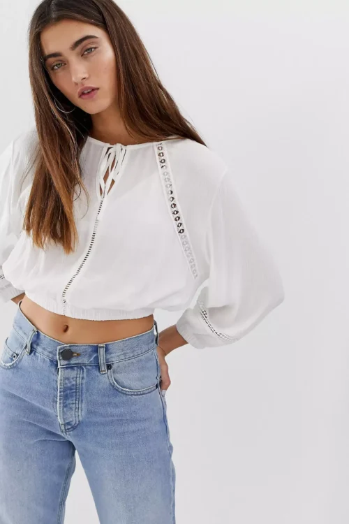 Pull&Bear crochet detail crop top in cream