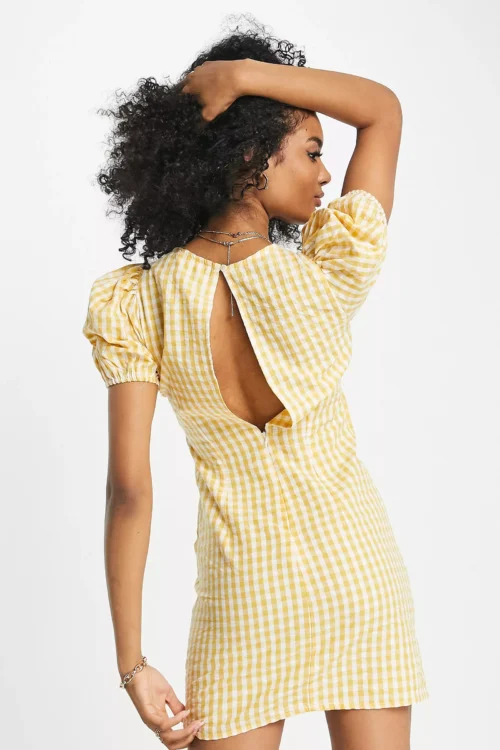 sleeve gingham mini dress in yellow