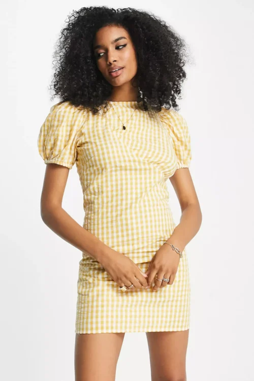 sleeve gingham mini dress in yellow