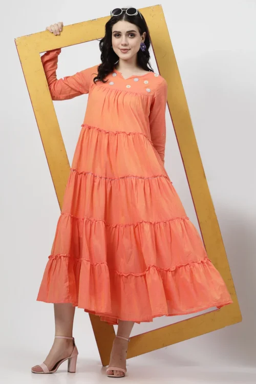 Women Fit and Flare Orange Dress