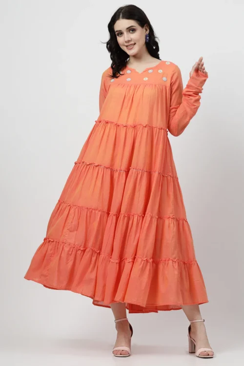 Women Fit and Flare Orange Dress