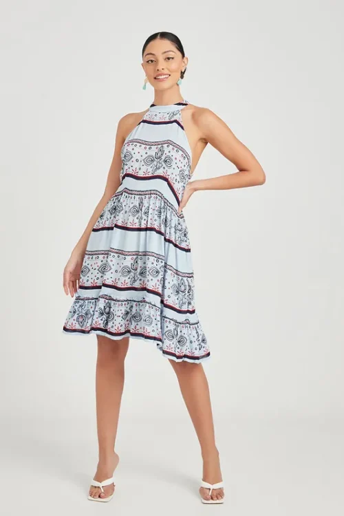 Sleeveless Halter Neck Bohemian Print Knee Length Dress