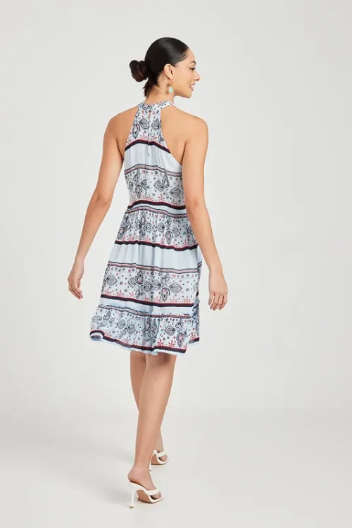 Sleeveless Halter Neck Bohemian Print Knee Length Dress