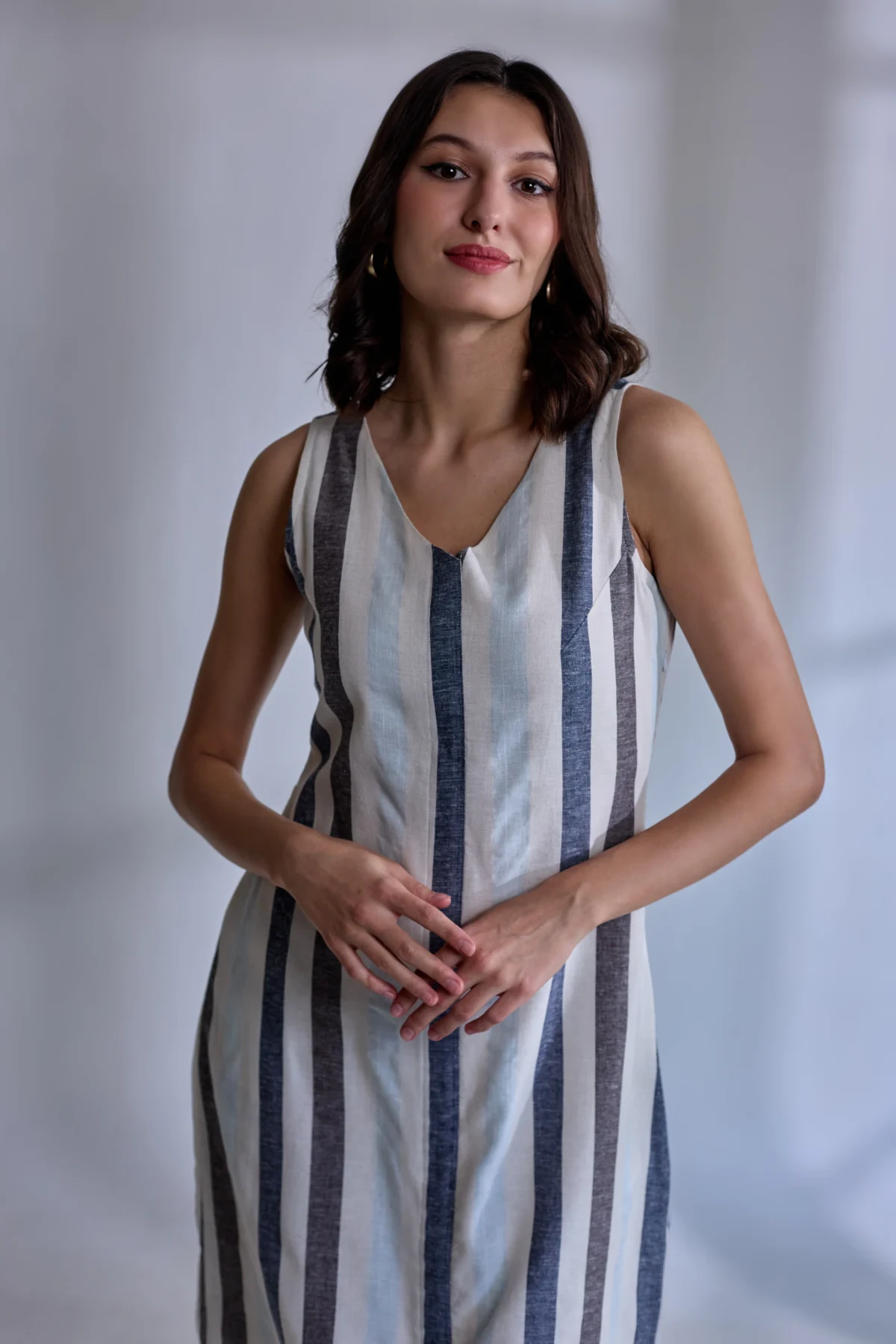 Charlie B Striped Sleeveless V Neck Linen Dress