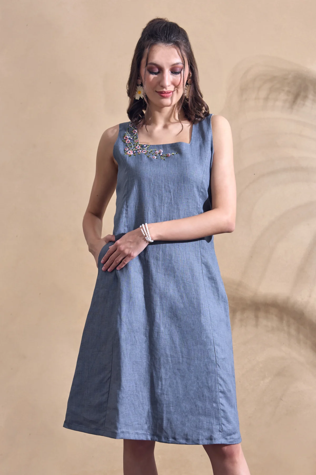 Embroidered Denim Dress