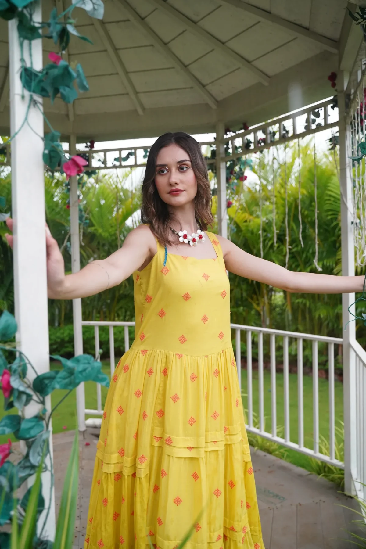 Cotton Strappy Yellow Dress With Embroidery