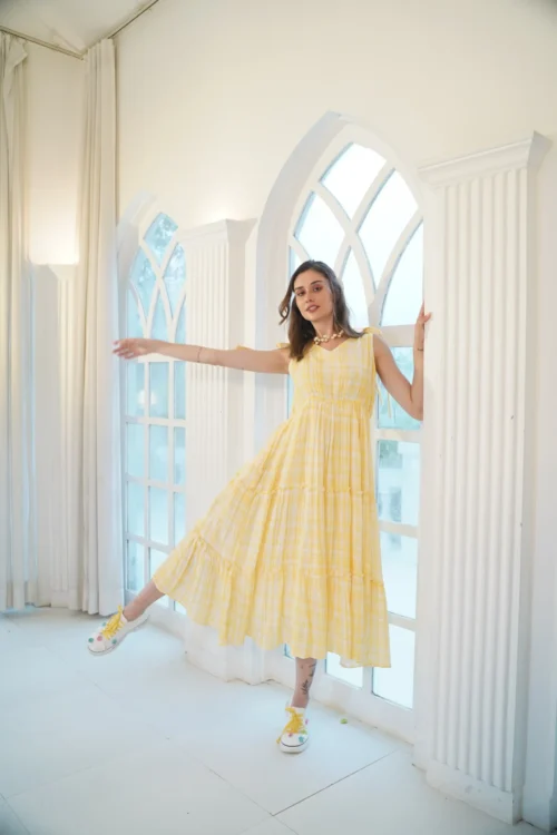 Cheese Cotton Yarn Dyed Yellow Dress