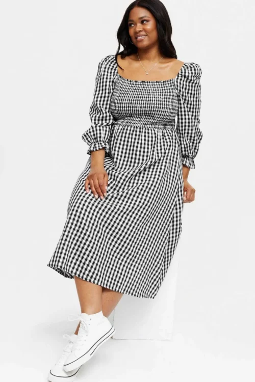 Curves Black Gingham Textured Square Neck Midi Dress