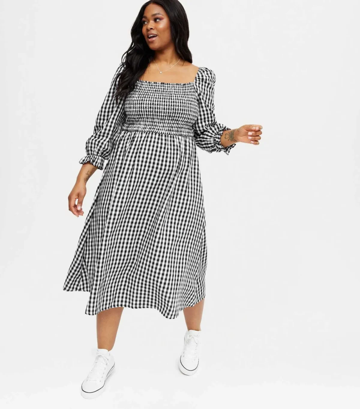 Curves Black Gingham Textured Square Neck Midi Dress