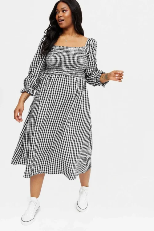 Curves Black Gingham Textured Square Neck Midi Dress