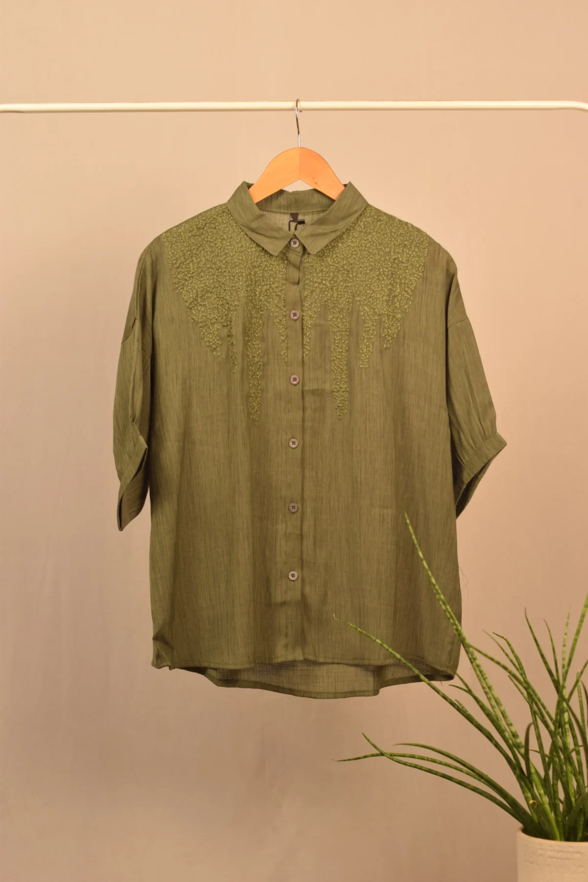 Olive Green Embroidered Shirt with High-Low Hem