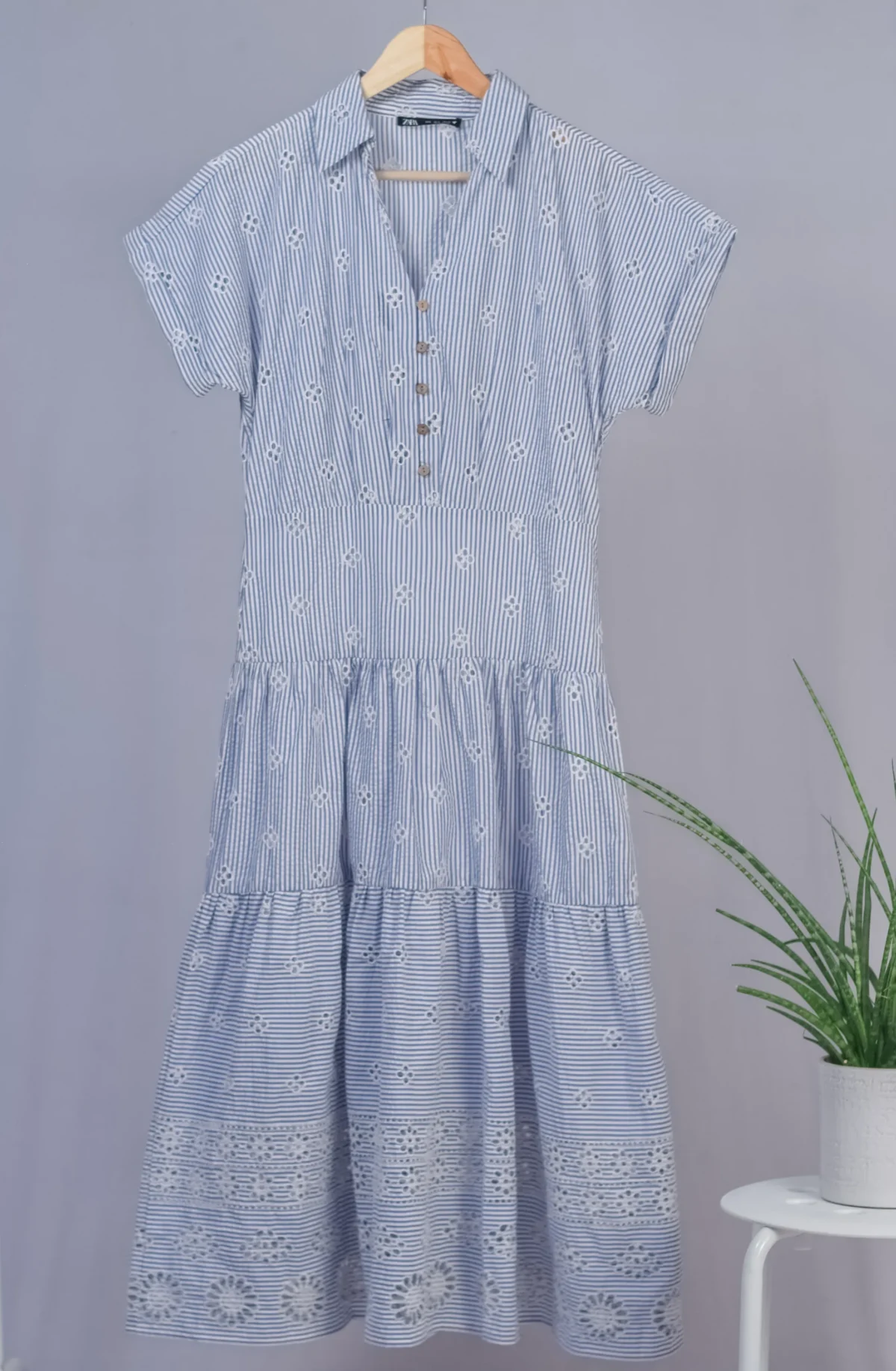 Women’s Striped Shirt Dress with Cut Out Embroidery, Short Sleeve Midi Dress(Pastel Blue)