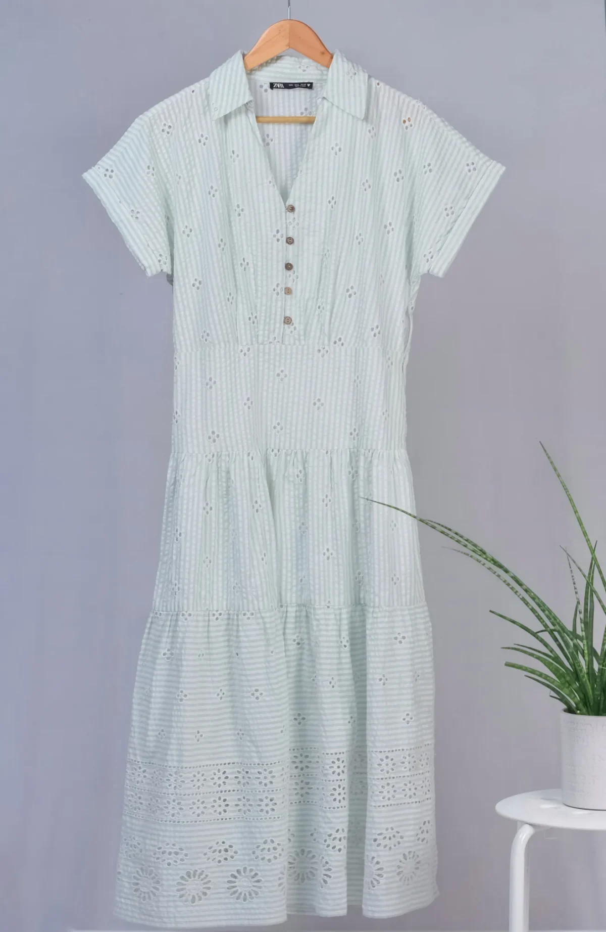 Women’s Striped Shirt Dress with Cut Out Embroidery, Short Sleeve Midi Dress(Green)