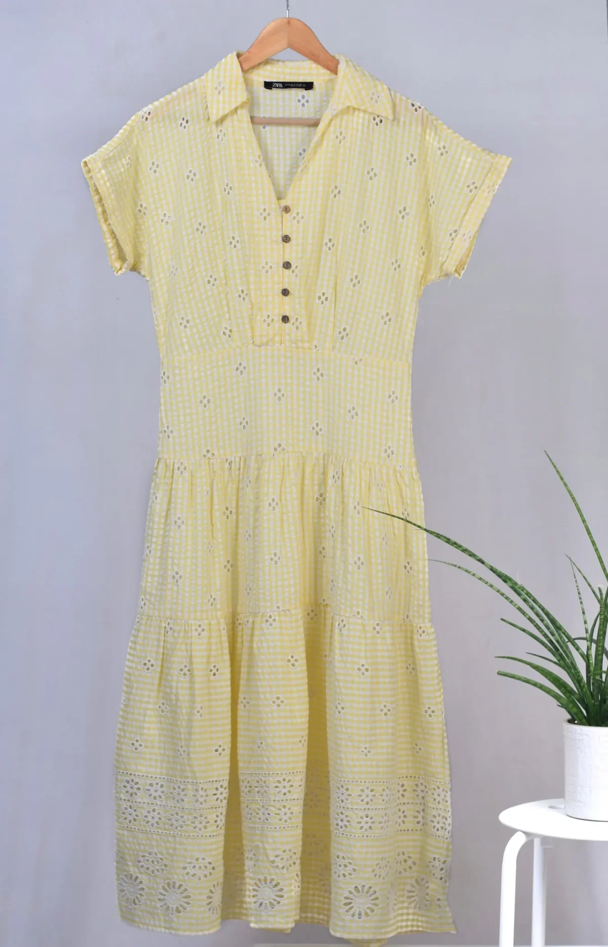 Women’s Striped Shirt Dress with Cut Out Embroidery, Short Sleeve Midi Dress(Pastel Yellow)