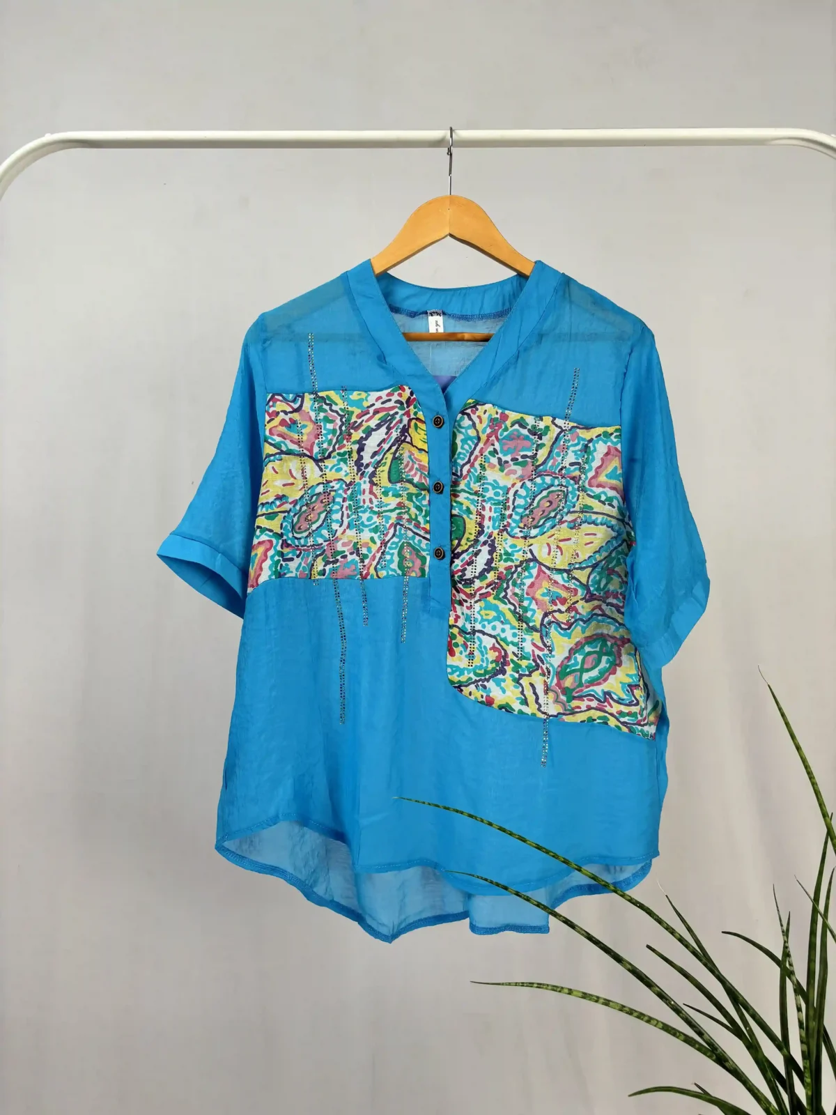 Blue Floral Printed shirt with Stone Fixed