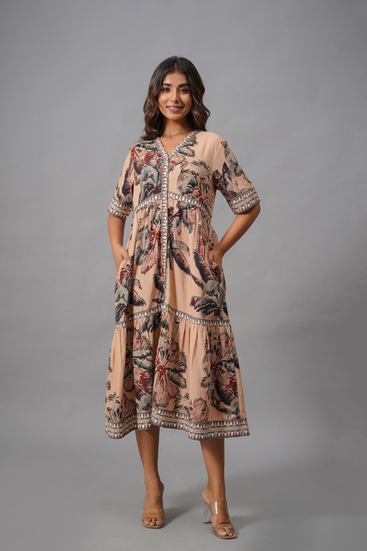 Floral Printed V-Neck A-line Multicolor Dress!