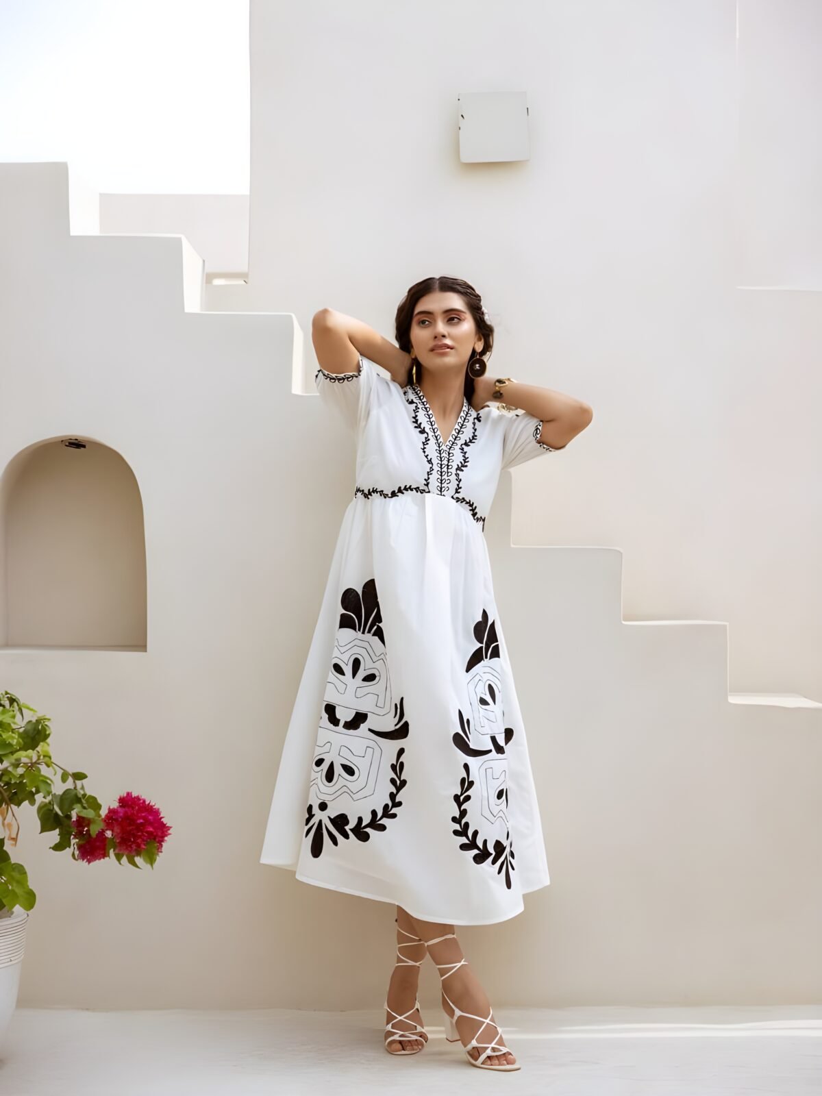 White Black Thread Embroidered A-line Dress